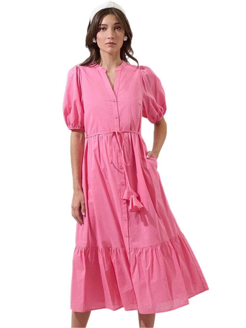 Sugarlips Beth Button Down Midi Dress Bubble Gum Pink